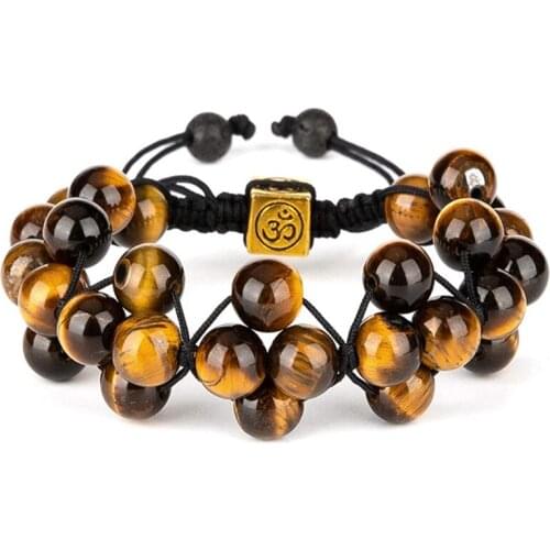 Ethnic Style Light Yellow Gold Color 3D Symbol Natural Tiger Eye Stone Stretchy Bracelet Handmade Weave Jewelry