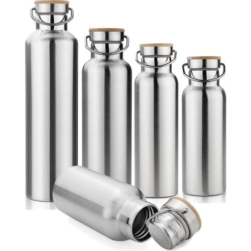 350/500/750ml Stainless Steel Wide Mouth Drinking Water Bottle Sports Cycle Bamboo Cap