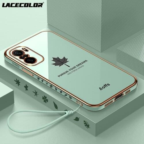 For Xiaomi Redmi Note 7 8 9 10 10S 11 Lite 9A 10X K20 K30 K40 Pro Case Plating Maple Leaf Pattern Capa With Lanyard Square Cover