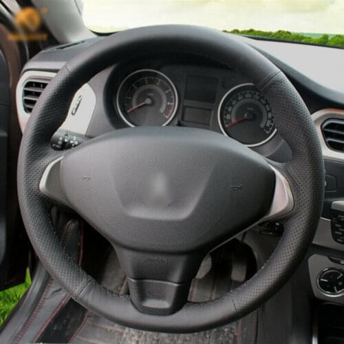 Car Steering Wheel Cover Custom Made Anti-Slip Hand-Sewing Black Drill Hole Leather DIY for For Peugeot 301 2013-2018