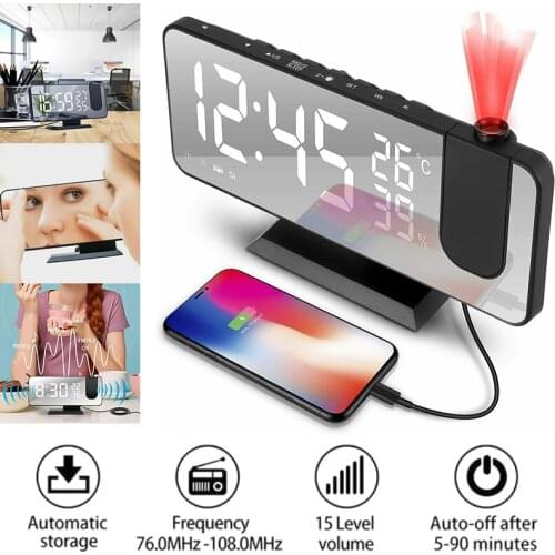 Digital LED Mirror Projection Alarm Clock Wake Up Timer FM Radio Thermometer Temperature Humidity Meter Monitor Tool