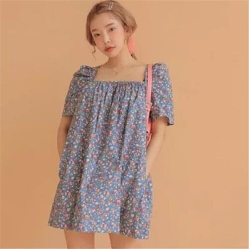 Korean Style Retro Square Neck Puff Sleeves Loose and Thin Short Dress with Halter Back