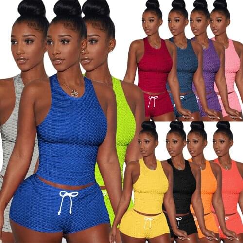 Echoine Summer Women Solid Tracksuits Two Piece set Fashion Skinny Biker Shorts and O-neck sleeveless Crop top Sportwear Outfits