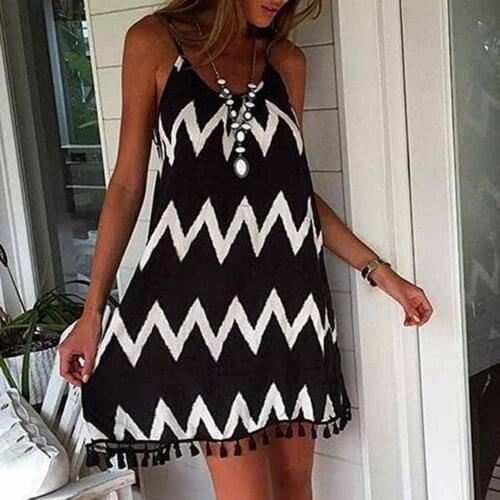 Fashion Womens Summer Wave Backless Slip Dress Loose Short Tassel Beach Sexy Sling Dress Vestidos Verano