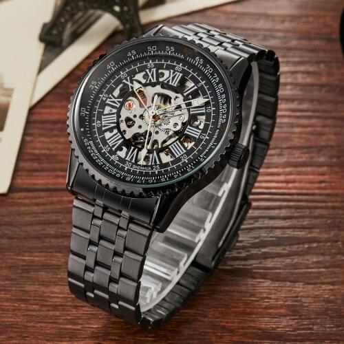 Gorben Stainless Steel Belt Black Men Skeleton Mechanical Watch Men Tourbillon Sport Clock Male Casual Business Wrist Watch