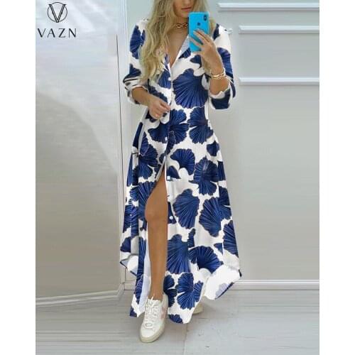 VAZN 2021 New Full Sleeve V-neck Print Formal Elegant Maxi Dresses Sexy Club Birthday Dress Women Elegant Fashion Female Dress