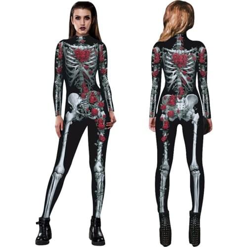 New Women Sexy Bodysuits Halloween Costumes For Women 3D Skull Rose Printing Jumpsuits Punky Back Yoga Day of the Dead