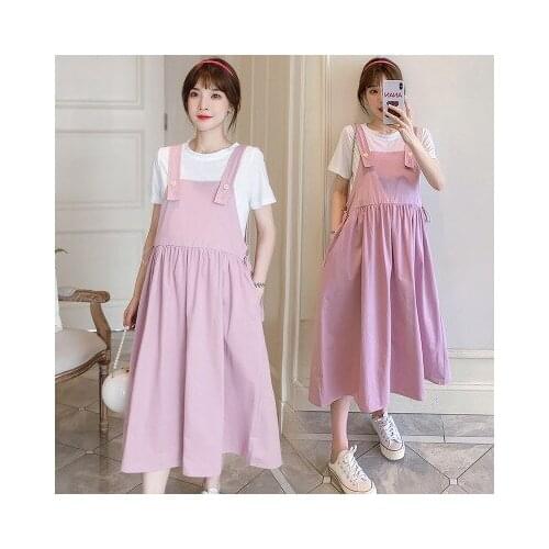 Summer new maternity dress tied mother stitching solid color fashion cotton long section maternity strap dress