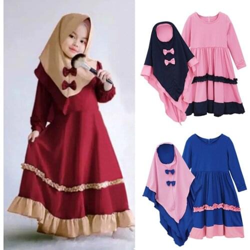 Girls Spring and Autumn Novelty Style Dress Middle East Hui Muslim Long-Sleeved Dress + Headscarf Two - Piece Set