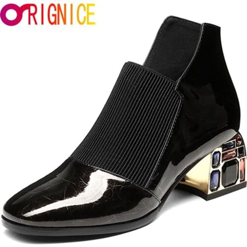 Orignice Spring New Genuine Leather Fashion Short Ankle Boots Square Toe Solid Rhinestone British Style Dancing Party High Heels