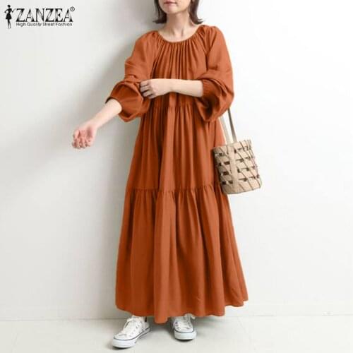ZANZEA Women Autumn Dress O-Neck Sundress Casual Long Maxi Vestidos Oversizes Robe Femme Party Dresses Oversizes Streetwear