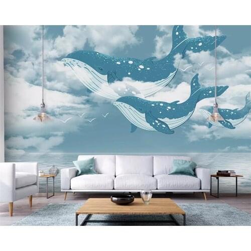 Beibehang Custom silky papel de parede 3d wallpaper Nordic creative Mediterranean ocean sky whale childrens room background