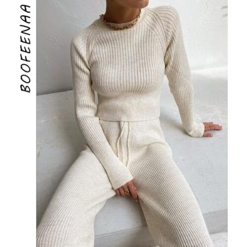 BOOFEENAA Knitted Sweater Long Sleeve Top and Pants Two Piece Set Women Autumn Winter Outfits Cozy Lounge Wear C88-GB65