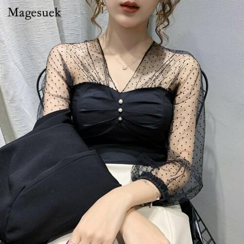 Fall 2021 Lantern Sleeve Wave Dot Mesh Short Top Sexy V-neck Lace Bottoming Blouse for Women Fashion Blusa Chemisier Femme 12098