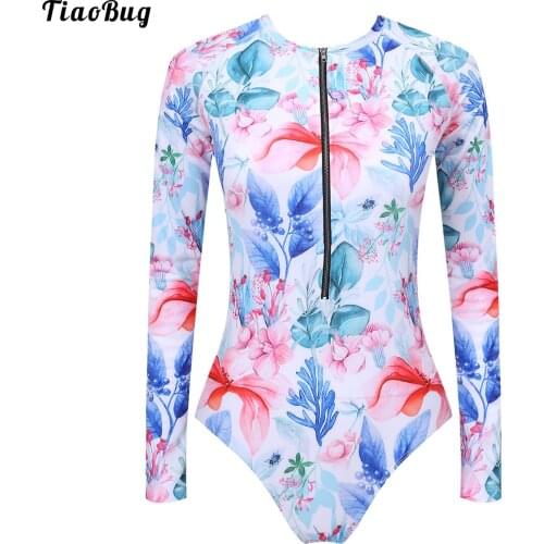 TiaoBug Women Summer 1Pc Swimwear Floral Print Round Neck Long Sleeve Detachable Pads Front Zipper Closure Jumpsuit Bodysuit