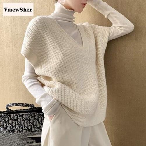 VmewSher New Autumn Women Sweater Vest Solid Pullovers Office Lady Elegant Sleeveless Knit Tops Vintage Knitwear Waistcoat 2021