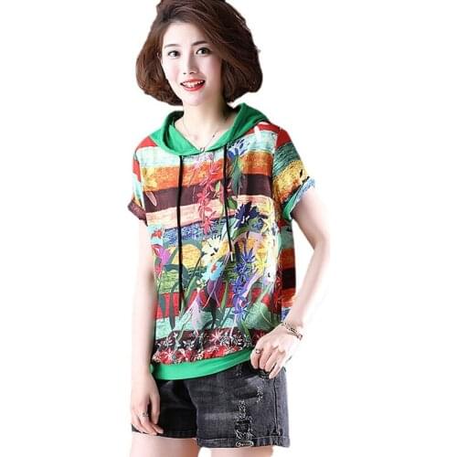 2021 New Plus Size Summer Loose Casuale Hooded Fashion Short Sleeve Tops Women Shirts Print Patchwork Chiffon Blouse Tops