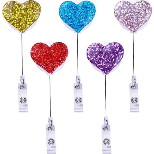 5 Pack Bling Love Heart-Shaped Retractable Badge Holder, ID Card Badge Reel with 360 Degree Alligator Swivel Badge Clip
