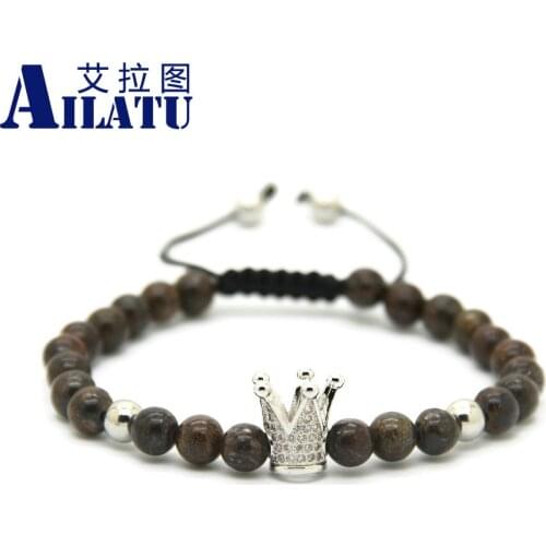 Ailatu High Grade Jewelry 6mm Bronzite Stone Beads Advanced Plated Crown Braided Bracelets Men Gift Pulseira Hombres
