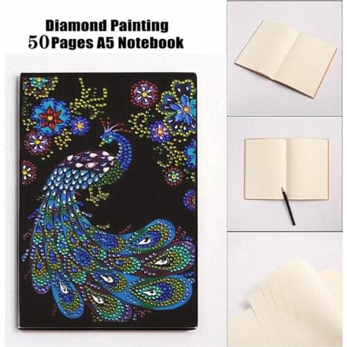 DIY Art Diamond Painting Notebook Diary Full Round Diamond Mosaic Embroidery A5 50 Pages Beautiful Peacock Fower Picture