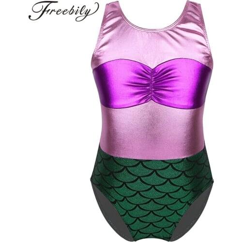 Girls Ballet Athletic Dance Leotards Sleeveless Metallic Ruched Chest Mermaid Scales Printed Gymnastics Leotard Kids Dance Wear