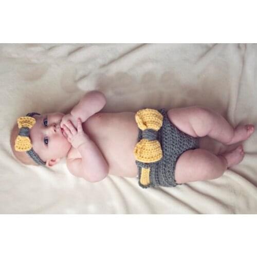 Free shipping, Baby boy Crochet 100% Cotton gray Nappy / Diaper Cover with Matching Yellow bow headband Set Photo props gift