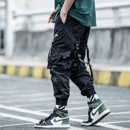 Harajuku jogger Hip hop Ribbon paratrooper Mens clothes multi-pocket loose cargo pants tide foot overalls tide Street dress