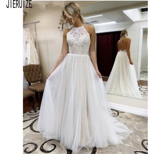 JIERUIZE Elegant Boho Backless Wedding Dresses Halter A Line With Appliques Bridal Dresses vestido de noiva Beach Wedding Gowns