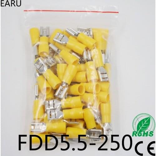 FDD5.5-250 FDD5-250 Female Insulated Electrical Crimp Terminal for 4-6mm2 wire Connectors Cable Wire Connector 100PCS/Pack FDD