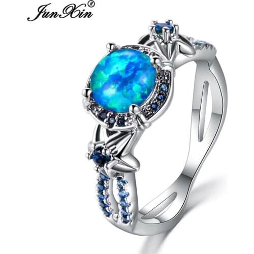 JUNXIN Male Female Big Unique Blue Opal Stone Ring Fashion Gold Filled Jewelry Vintage Wedding Rings For Men And Women