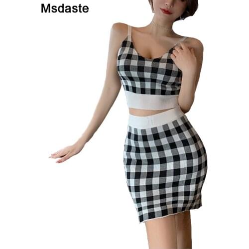 Plaid Set 2 Pieces Women Clothing Summer Sleeveless Tank Top+skirts Plaid Knitted Pullovers Stretchy Elastic Outfits Woman Suits