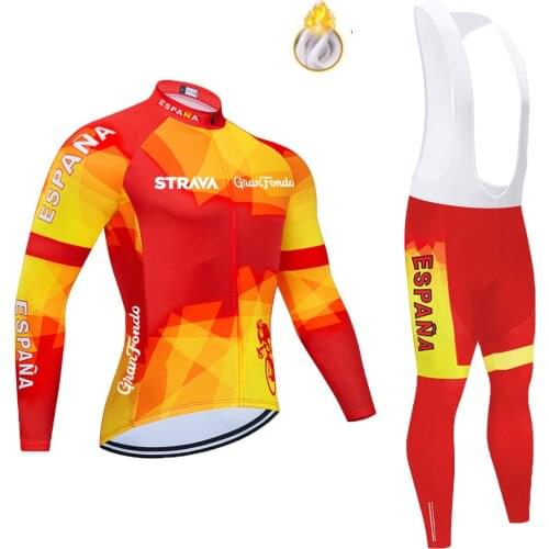 Spain Cycling Jersey 2021 Winter Thermal Fleece Trousers Bib Set STRAVA Bicycle Maillot Ropa Ciclismo Hombre Mountain Bike Men