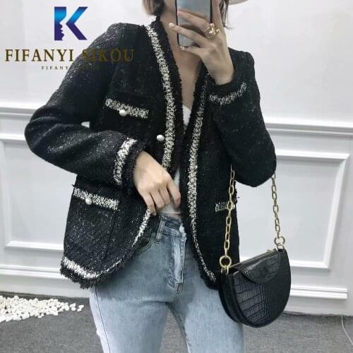 Black Tweed Jacket Women Short Coat Autumn Fashion V-Neck Long Sleeve Jackets Ladies Elegant Loose Outerwear Casual Winter Coats