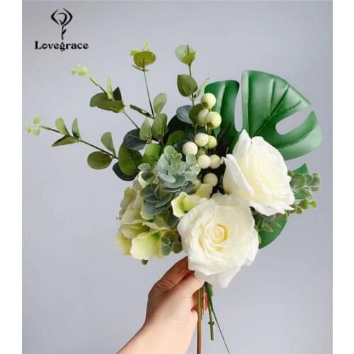 Lovegrace Artificial Silk Rose Flower Wedding Bouquet Bride Holding Bouquets Hydrangea Eucalyptus Monstera Leaf Wedding Bouquet