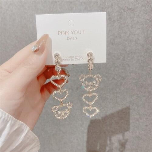 Cute Asymmetry Bear Long Drop Earrings New Woman Girls Shiny Heart Dangle Earring Personality Trendy Summer Accessories