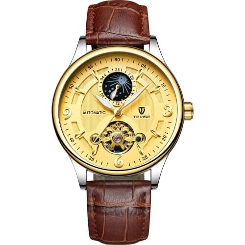 Tevise Top Brand Luxury Waterproof Automatic Men Mechanical Watch Moon Phase Luminous Self-winding Man Casual Wristwatch Leather