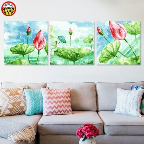Painting by numbers art paint by number DIY landscape plant flower lotus leaf lotus triple living room room decoration paintin