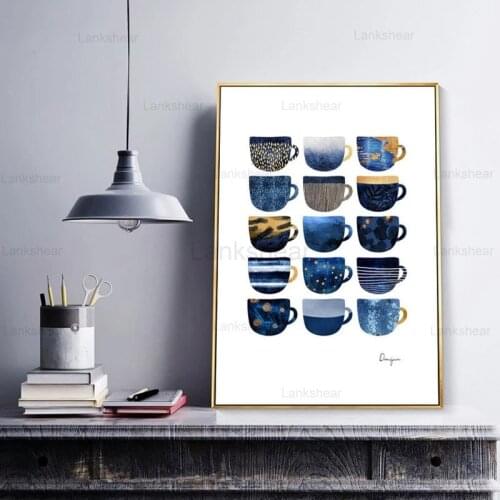 Nordic Squat Blue Coffee Cup Canvas Paintings Abstract Pattern Entrance Poster Print Wall Art Pictures Living Room Hotel Decor
