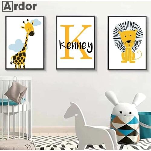 Cartoon Animal Giraffe Lion Wall Art Print Baby Custom Name Canvas Poster Nursery Wall Painting Children Nordic Boys Room Decor