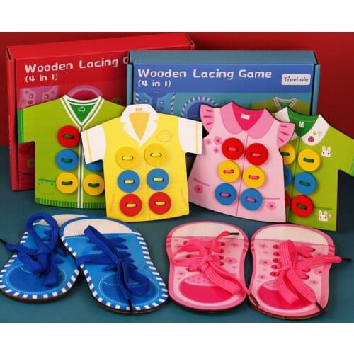 Montessori Educational Lacing Toy Wooden Lacing Game Toddler Activity Learning Materials Practical Life Baby Wood Beaded Buttons