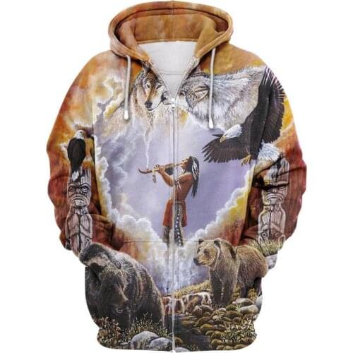 Native Indian Animal 3D Jacket Men/women Casual Streetwear Zip Hoodies Nation Style Retro Hood Sweatshirts Mens Hipster Clothes