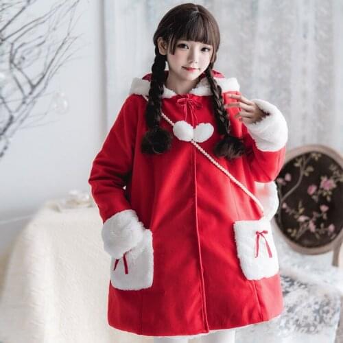 Autumn winter japanese kawaii girl daily sweet lolita coat cute bowknot rabbit ear cap keep warm loli overcoat