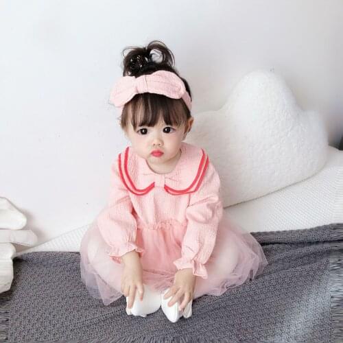 Party Wedding Baby Girl Dress 2 Piece Sweet Peter Pan Collar Ruffles Long Sleeve Patchwork Mesh Princess Dresses+headband 3-18M