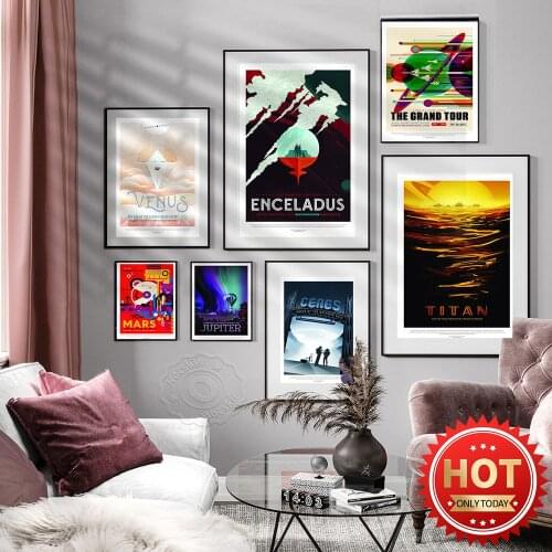 Retro Space Travel Poster, Enceladus Earth Jupiter Wall Art, Ceres Mars Prints Poster, Titan Venus Wall Stickers, Vintage Art