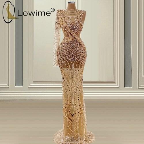 Champagne Luxury Heavy Beading Mermaid Evening Dresses 2021 Single Long Sleeve Sexy Illusion Evening Gowns