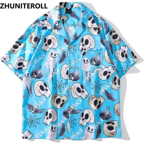 2021 Button Shirts Blouse Gothic Skull Print Summer Hip Hop Stretewear Casual Harajuku Hawaiian Beach Short Sleeve Shirts Tops