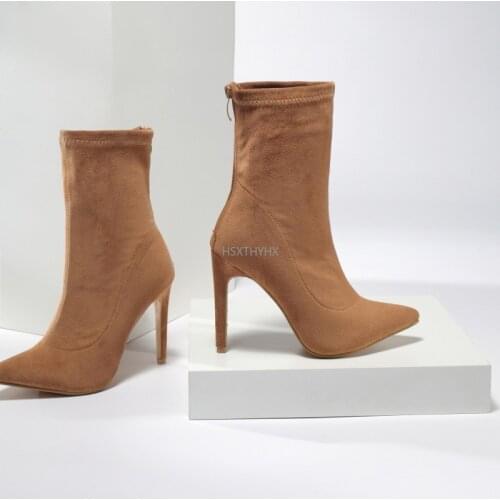 11CM Stiletto Boots Women Shoes Zip Stretch Fabric Female Botas Pointed Toe Mid-Calf Socks Thin High Heel Elastic High Boots