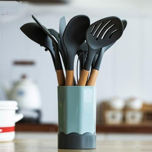 Silicone Kitchen Cooking Utensils Set Anti-slip Wood Handle Cooker with Storage Bucket Spoon Tuner Ladle Creative Kitchenware