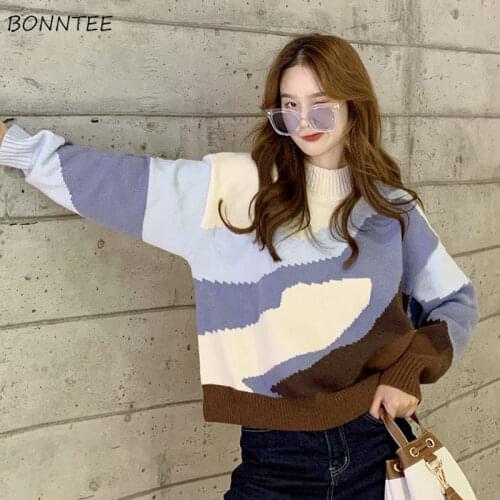 Sweaters Women College Thicker Harajuku Patchwork Soft All-match Simple Female Lovely Knitwear Pullover Teens Design Long Sleeve
