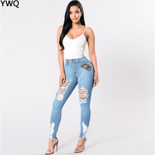 Print Hole Skinny Jeans Women Ripped Denim Pencil Pants Vintage Female Jeans High Waist Jeans Mom Boyfriend Full Length Trousers